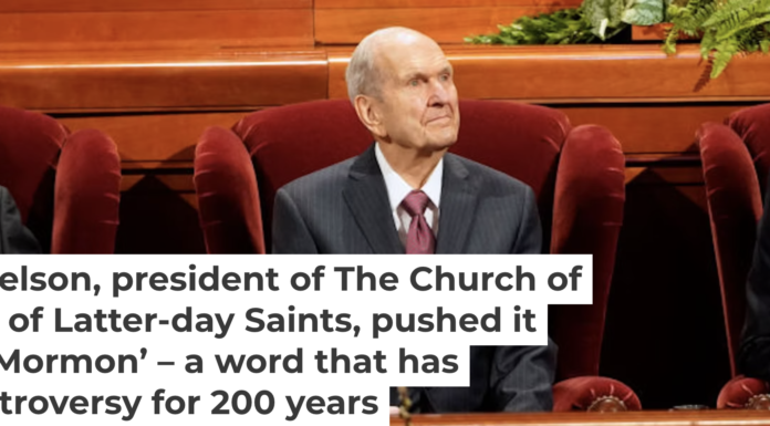 Russell Nelson, center, sits during the Church of Jesus Christ of Latter-day Saints’ biannual General Conference in Salt Lake City in 2019. George Frey/Getty Images